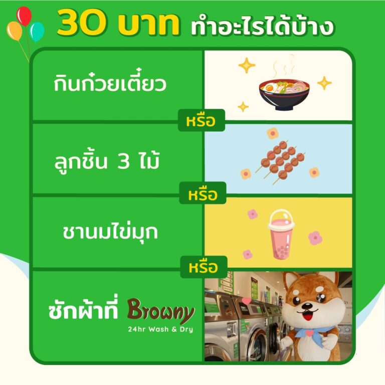 ซักผ้าสะอาดราคาเริ่มต้นเพียง 40 บาท ที่ ร้านสะดวกซัก Browny Wash & Dry
