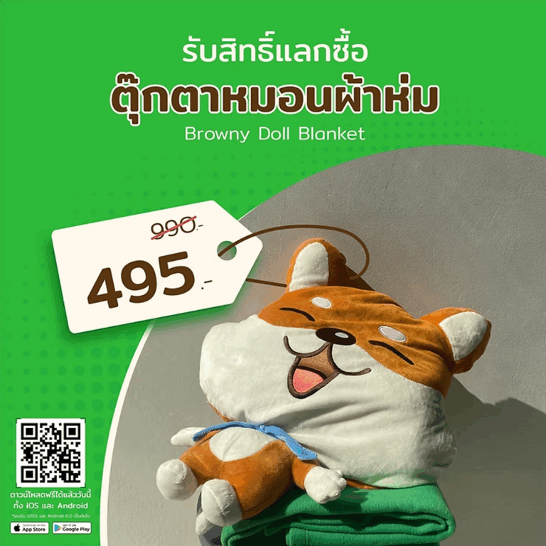 สะสมแต้ม รับสิทธิ์แลกซื้อ 50% ตุ๊กตาหมอนผ้าห่ม Browny
