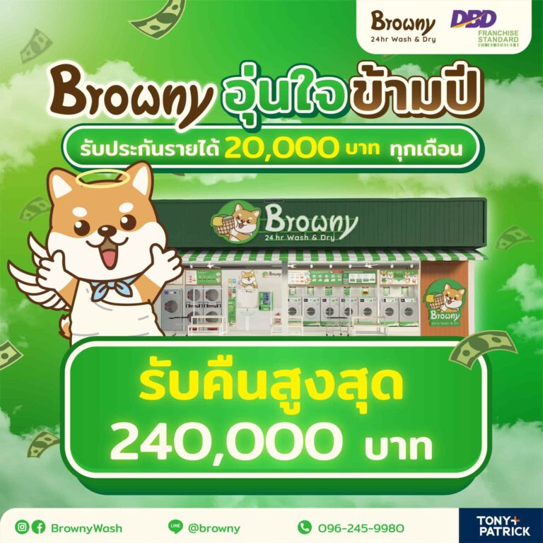 Browny 24hr Wash&Dry ชี้ตลาดสะดวกซักไทยยังเติบโต เสริมความมั่นใจนักลงทุนด้วยโปรแกรมการันตีคืนทุนสูงสุด 240,000 บาท ผลักดันลงทุนอย่างยั่งยืน
